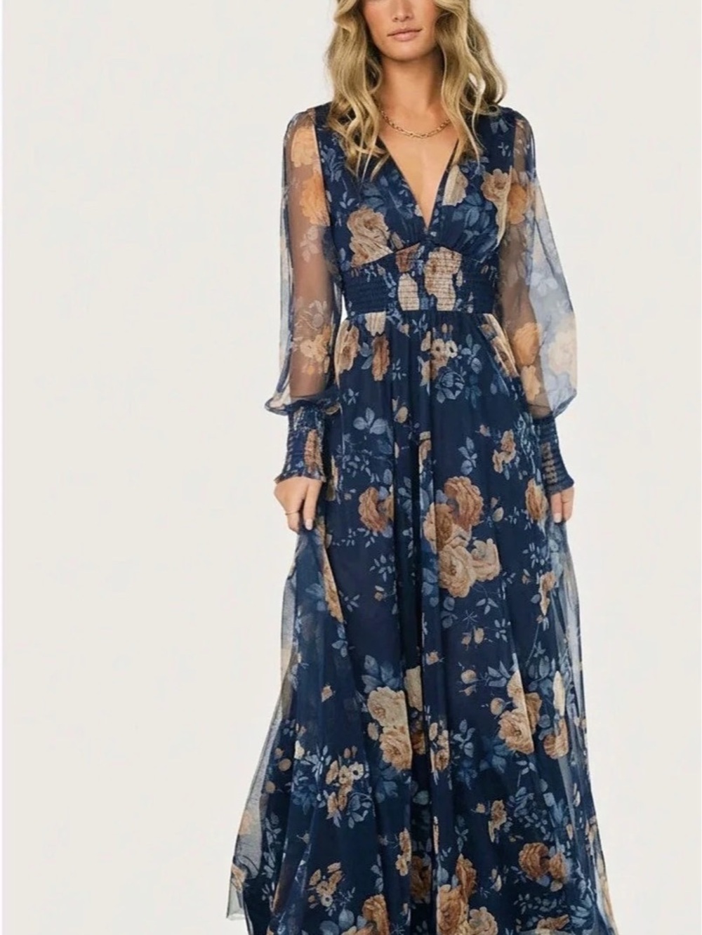 Baltic Born Layla Tulle Maxi Dress Floral Maxi Dress in Blue & Orange Size Large